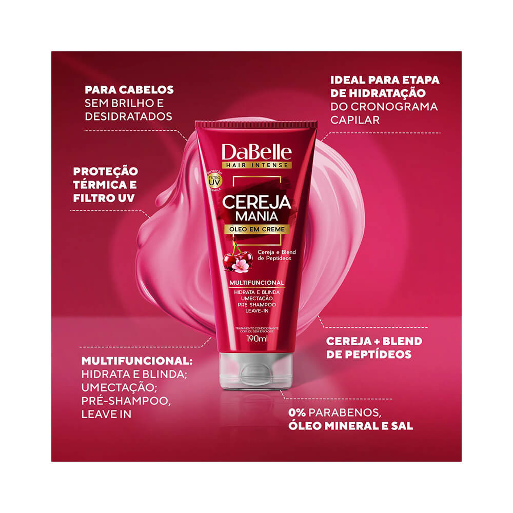 Produto Dabelle Cereja Mania com destaque para proteção térmica e filtro UV