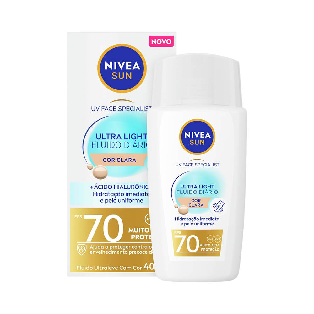 Protetor Facial Nivea Sun Ultra Light FPS 70 Cor Clara 40ml embalagem frontal branca com detalhes em azul e amarelo