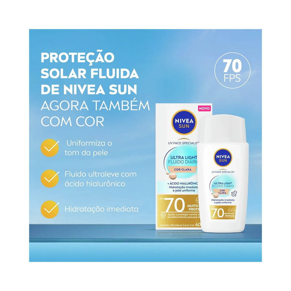 Protetor Solar Fluido Nivea Sun FPS 70 em fundo azul claro com texto destacando benefícios