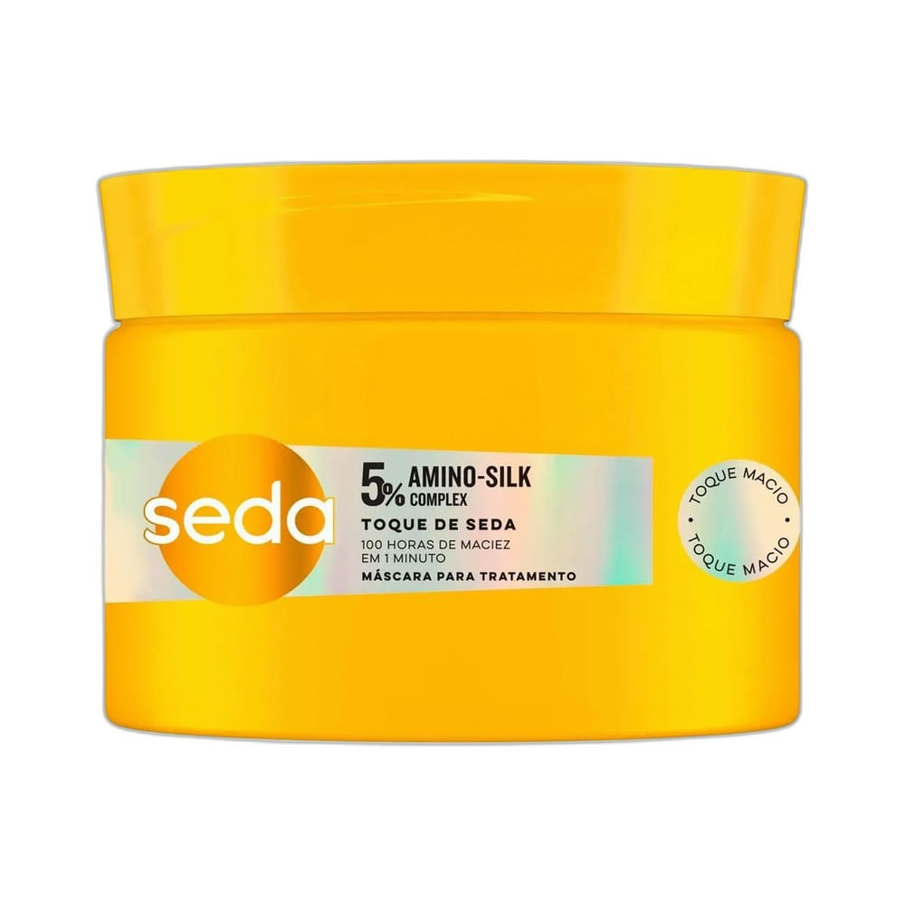 Pote amarelo da Máscara de Tratamento Seda Toque de Seda 300g com destaque para Amino-Silk Complex e toque de seda