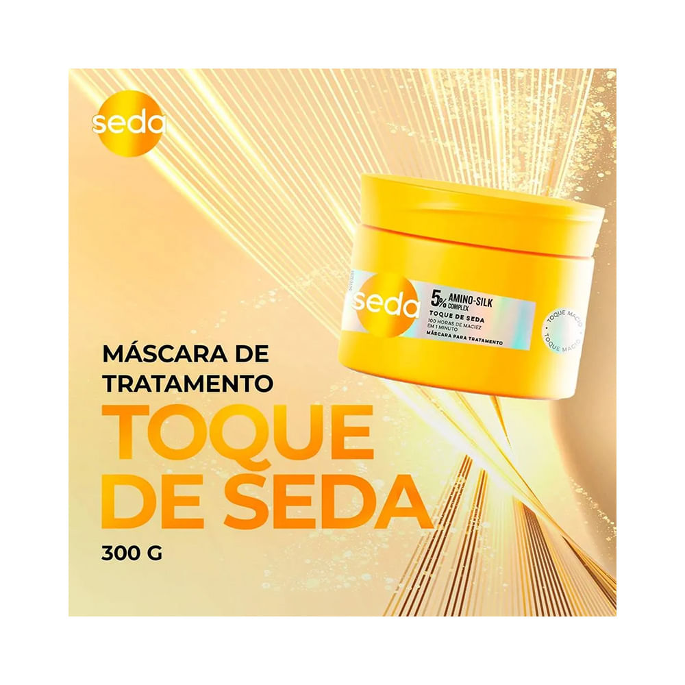 Pote da Máscara de Tratamento Seda Toque de Seda em fundo amarelo com efeitos de luz