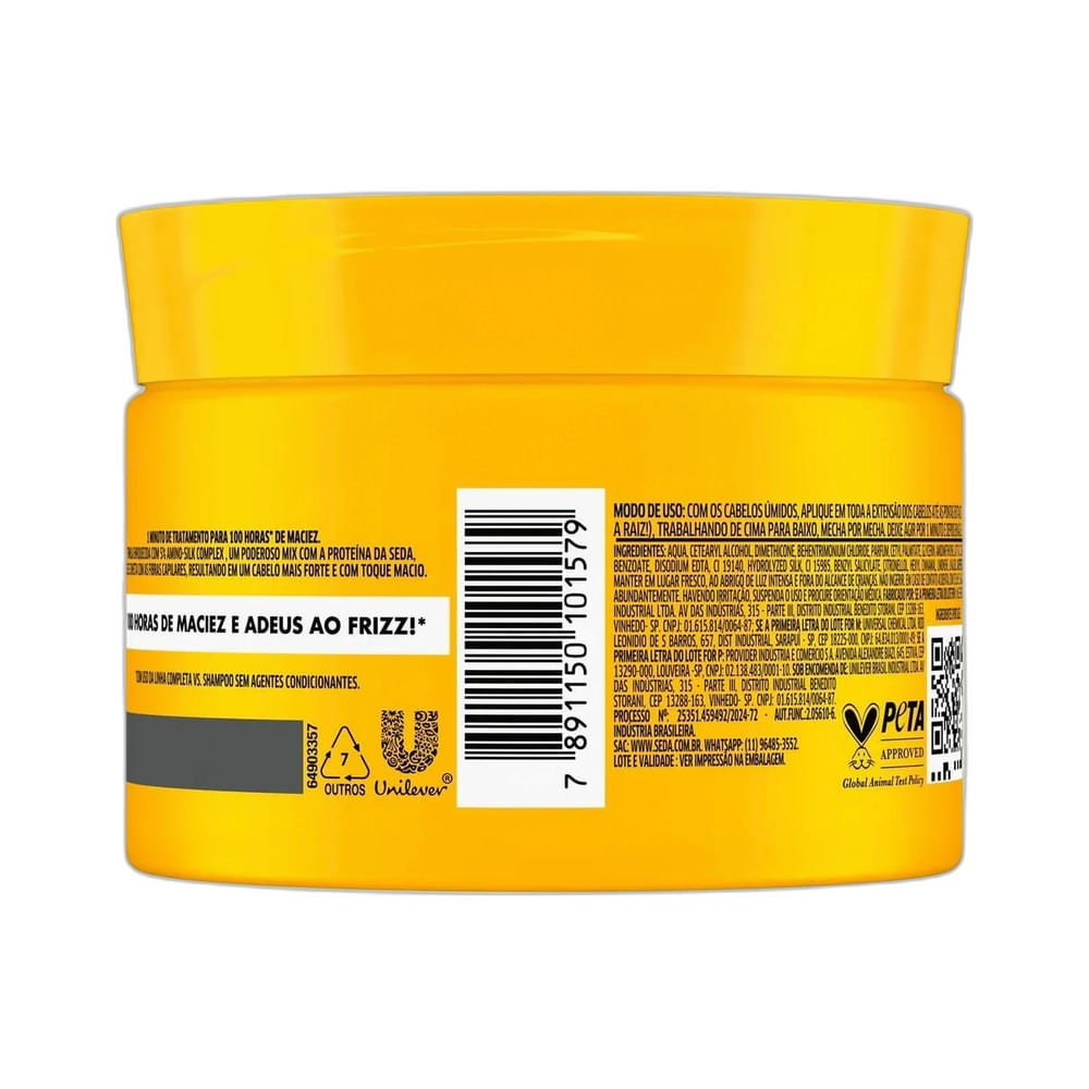 Parte traseira do pote da Máscara de Tratamento Seda Toque de Seda com informações detalhadas