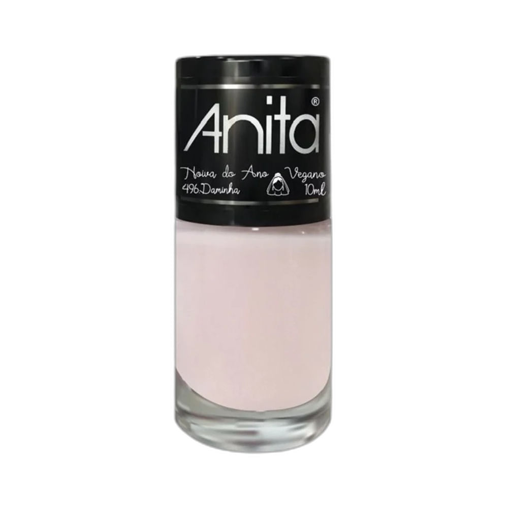 Esmalte Anita Noiva do Ano Daminha em frasco transparente com tampa preta, cor rosa claro quase nude.