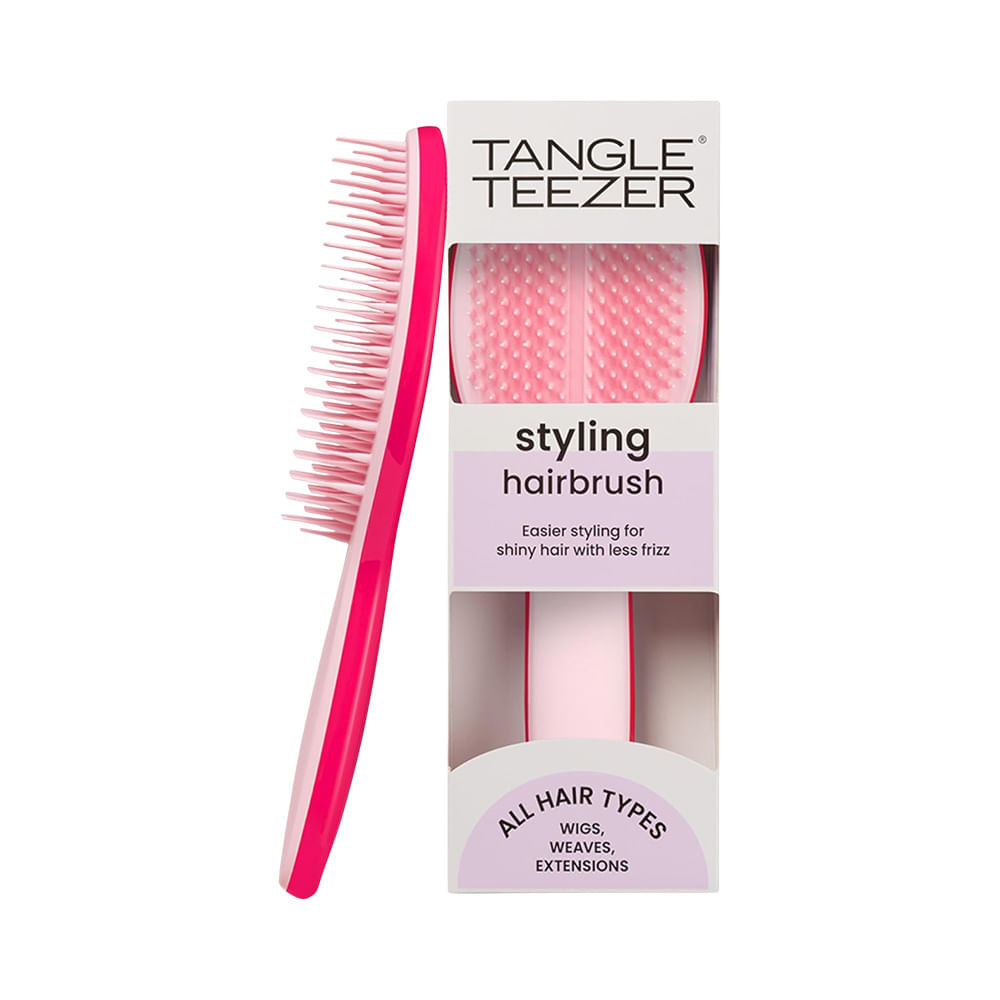 Escova Tangle Teezer The Ultimate Styler Pink vista de lado com embalagem branca e detalhes lilás