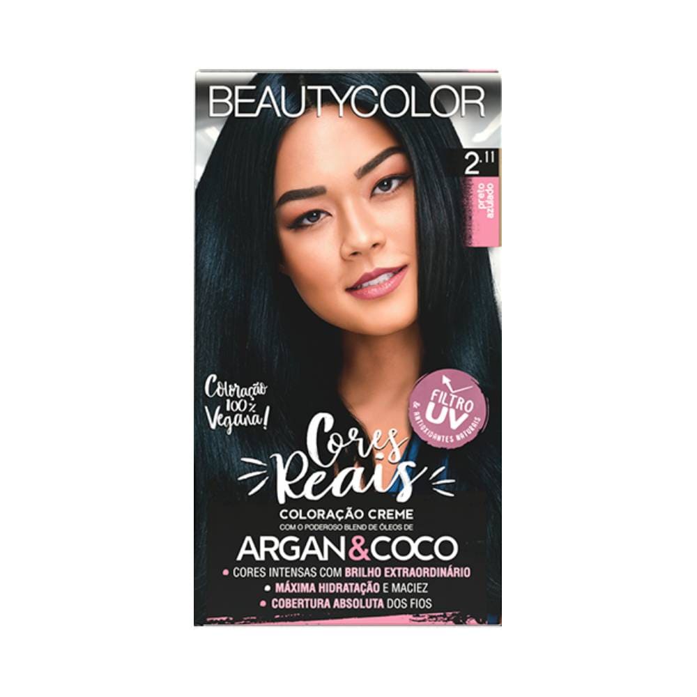 Mulher sorrindo com cabelos pretos azulados e embalagem da coloração Beauty Color Cores Reais 2.11 Preto Azulado