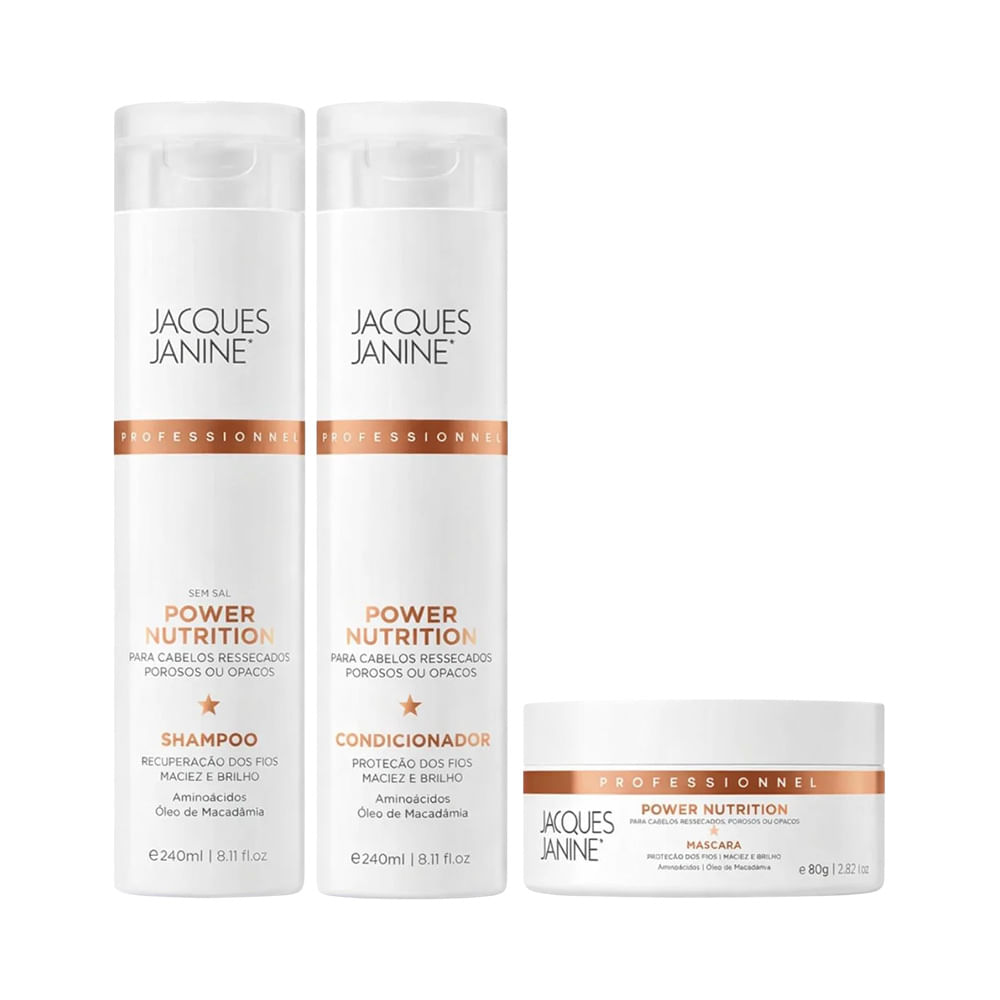 Kit Jacques Janine Power Nutrition contendo shampoo, condicionador e máscara em embalagens brancas com detalhes em cobre