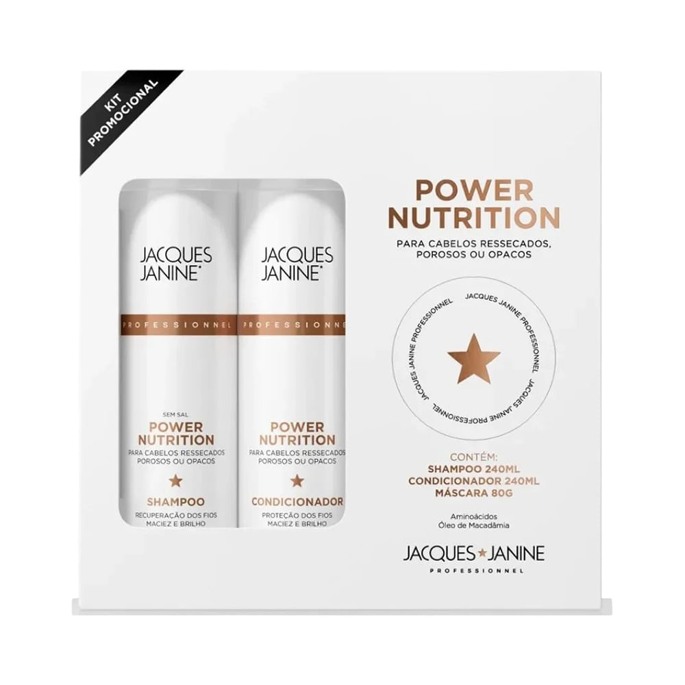 Embalagem promocional do Kit Jacques Janine Power Nutrition com shampoo, condicionador e máscara