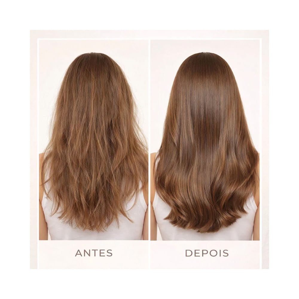 Comparativo antes e depois do uso do Kit Jacques Janine Power Nutrition mostrando cabelos ressecados e depois hidratados
