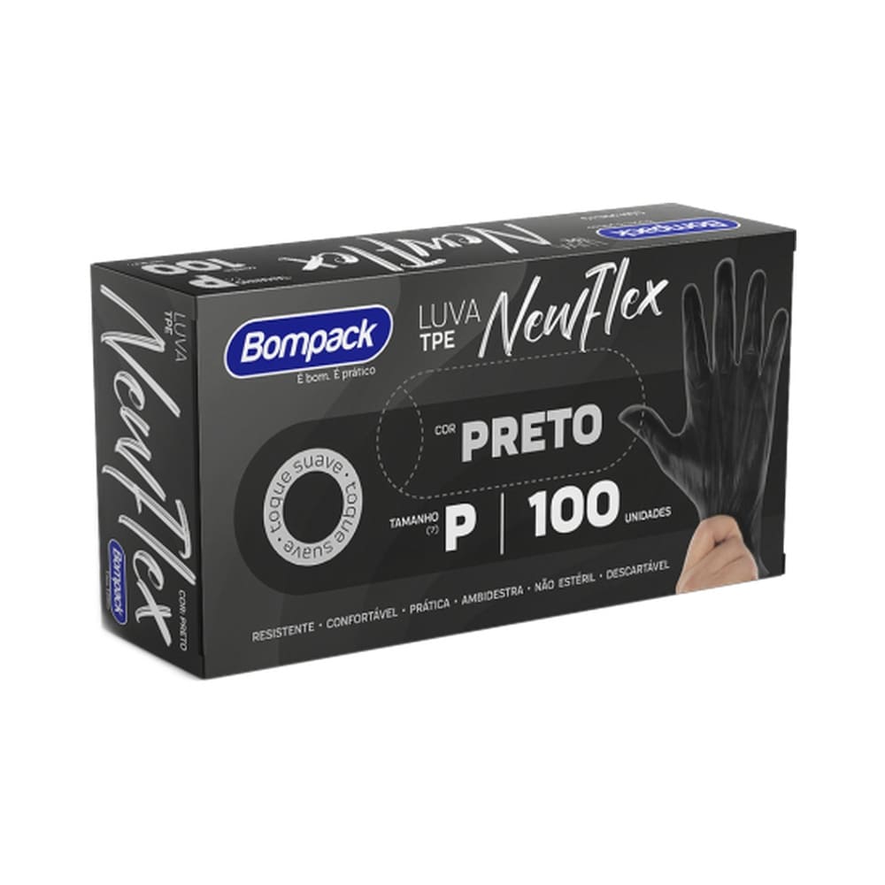 Embalagem da Luva Bompack Vinilflex preta, tamanho P, com 100 unidades