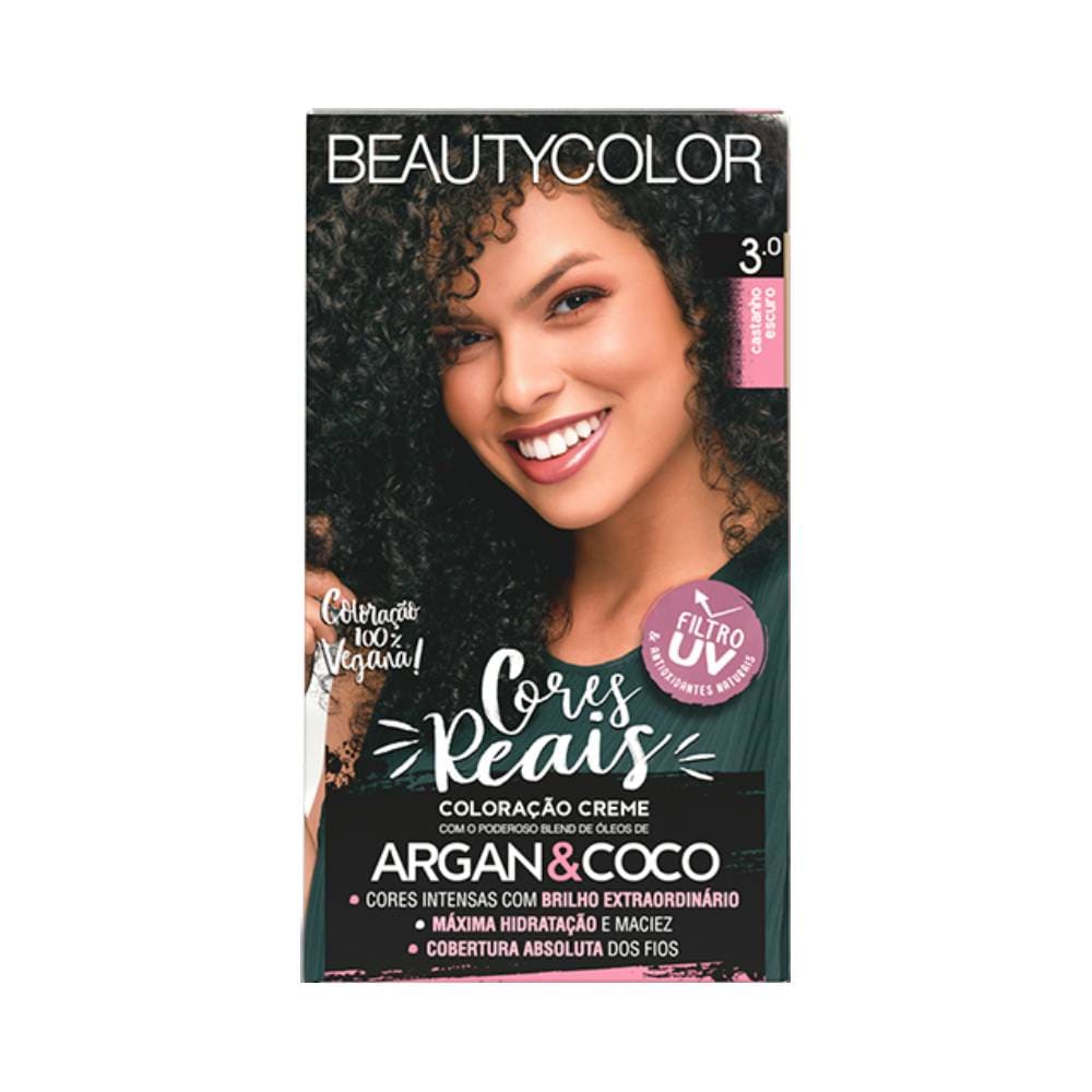 Embalagem da Coloração Beauty Color Cores Reais 3.0 Castanho Escuro com destaque para a cor e brilho dos cabelos.