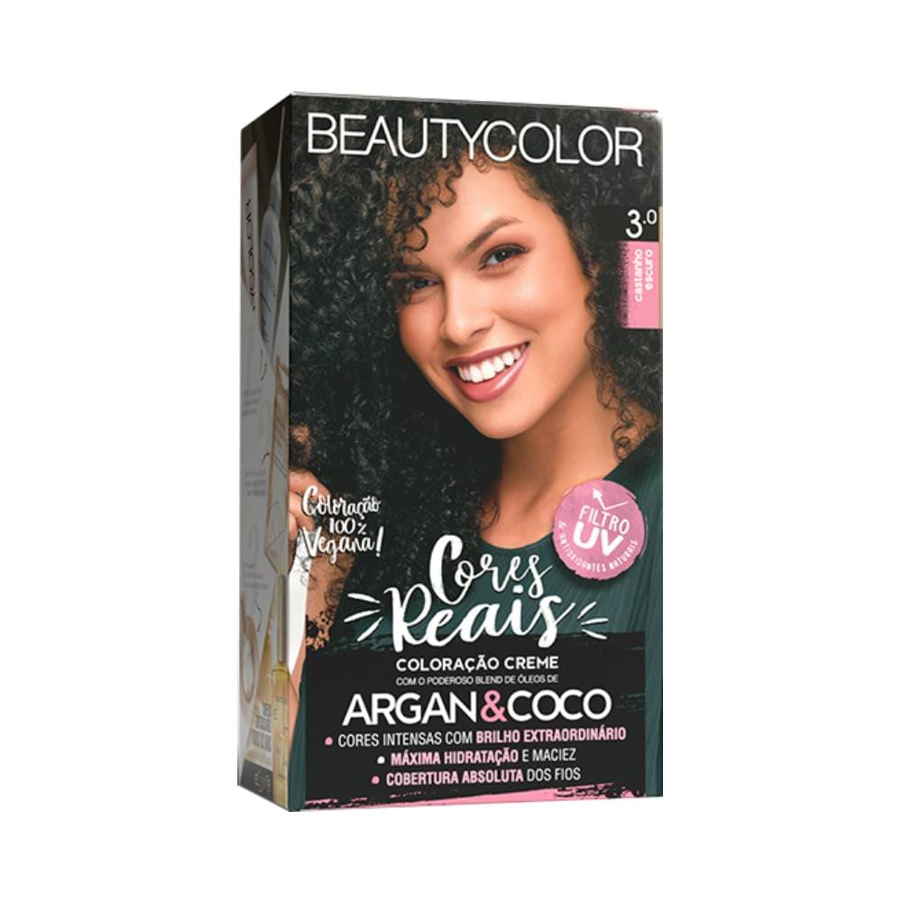 Detalhe da embalagem da Coloração Beauty Color Cores Reais 3.0 Castanho Escuro mostrando ingredientes e benefícios.