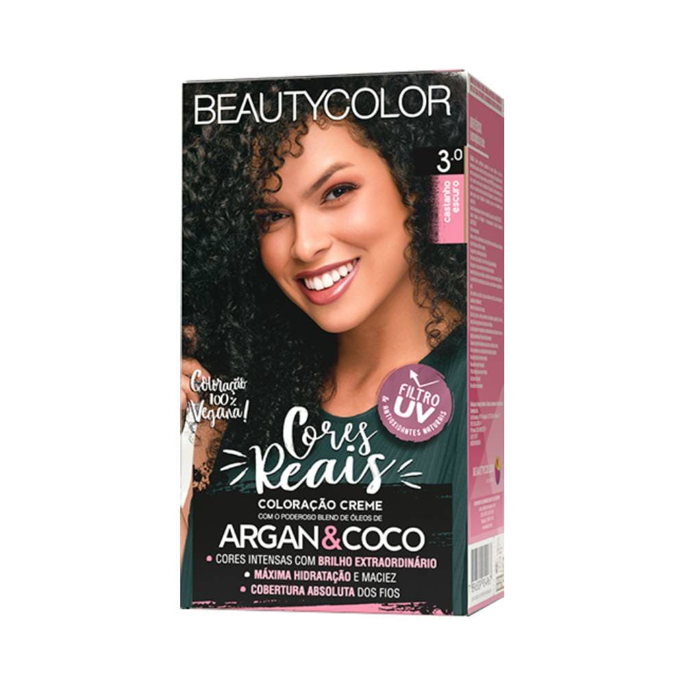 Imagem detalhada da embalagem da Coloração Beauty Color Cores Reais 3.0 Castanho Escuro mostrando os benefícios.