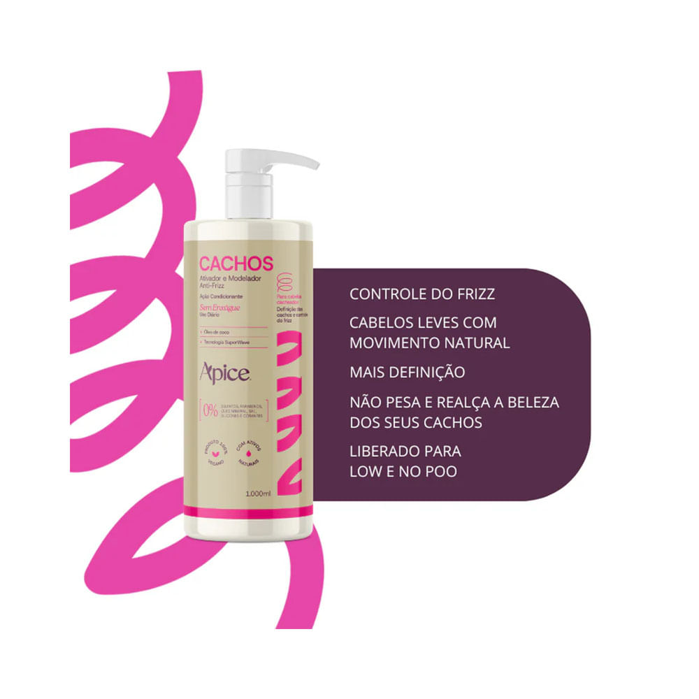 Ativador e Modelador Apice Cachos Anti-Frizz 1L com destaque para texto informativo ao lado