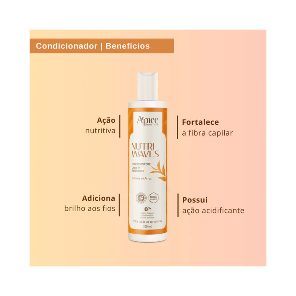 Imagem promocional do Condicionador Apice Nutri Waves Acidificante e Leave-In 300ml com destaque para benefícios