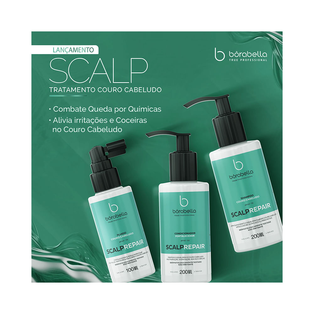 Linha Borabella Scalp Repair com produtos em frascos brancos e rótulos verde água