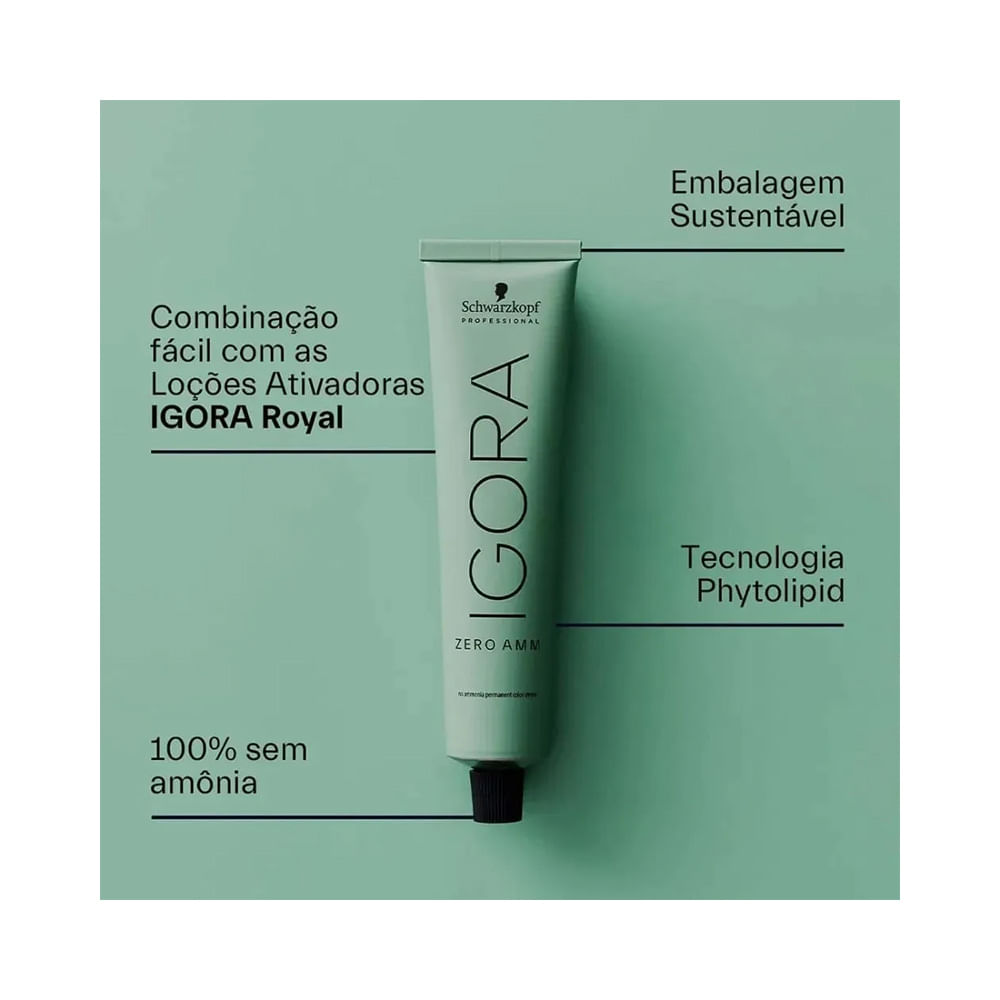 Tubo da Coloração Igora Zero Amm 7.0 Louro Médio Natural com textos explicativos da fórmula