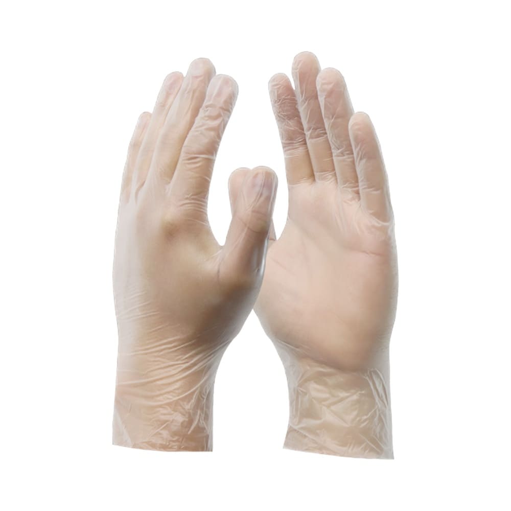Par de luvas de vinil transparentes tamanho grande usadas em mãos femininas