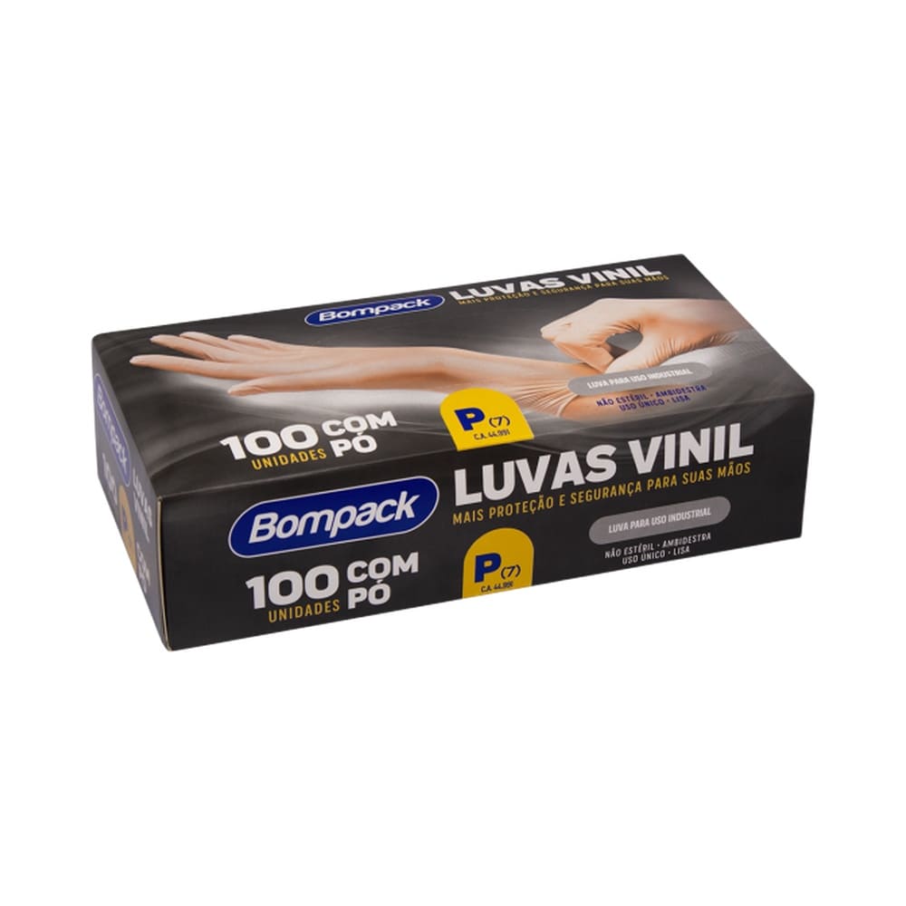 Embalagem preta da Luva de Vinil Bompack com pó, 100 unidades tamanho P, com destaque para o nome do fabricante.
