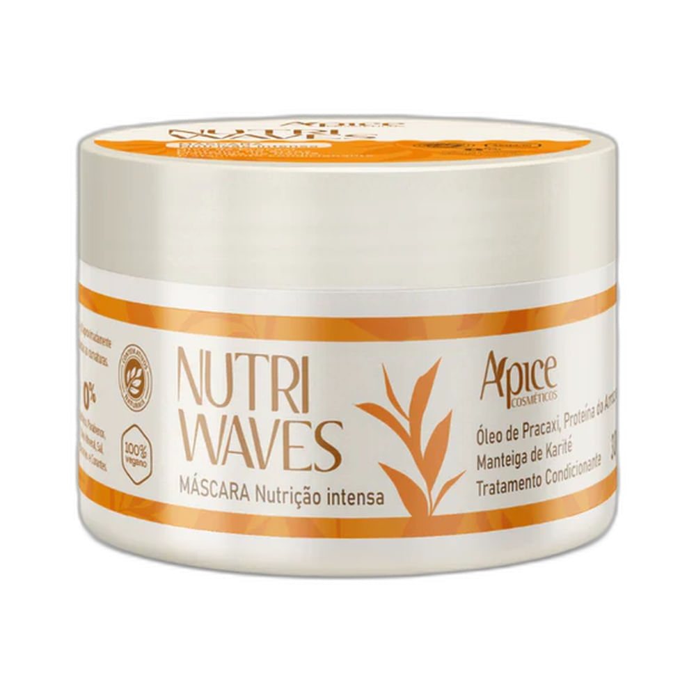 Máscara Capilar Apice Nutri Waves Nutrição Intensa 300g em embalagem branca com detalhes laranja