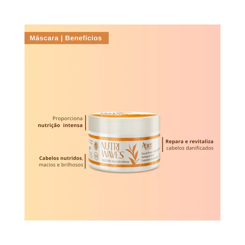 Máscara Capilar Apice Nutri Waves Nutrição Intensa 300g com fundo degradê laranja e rosa