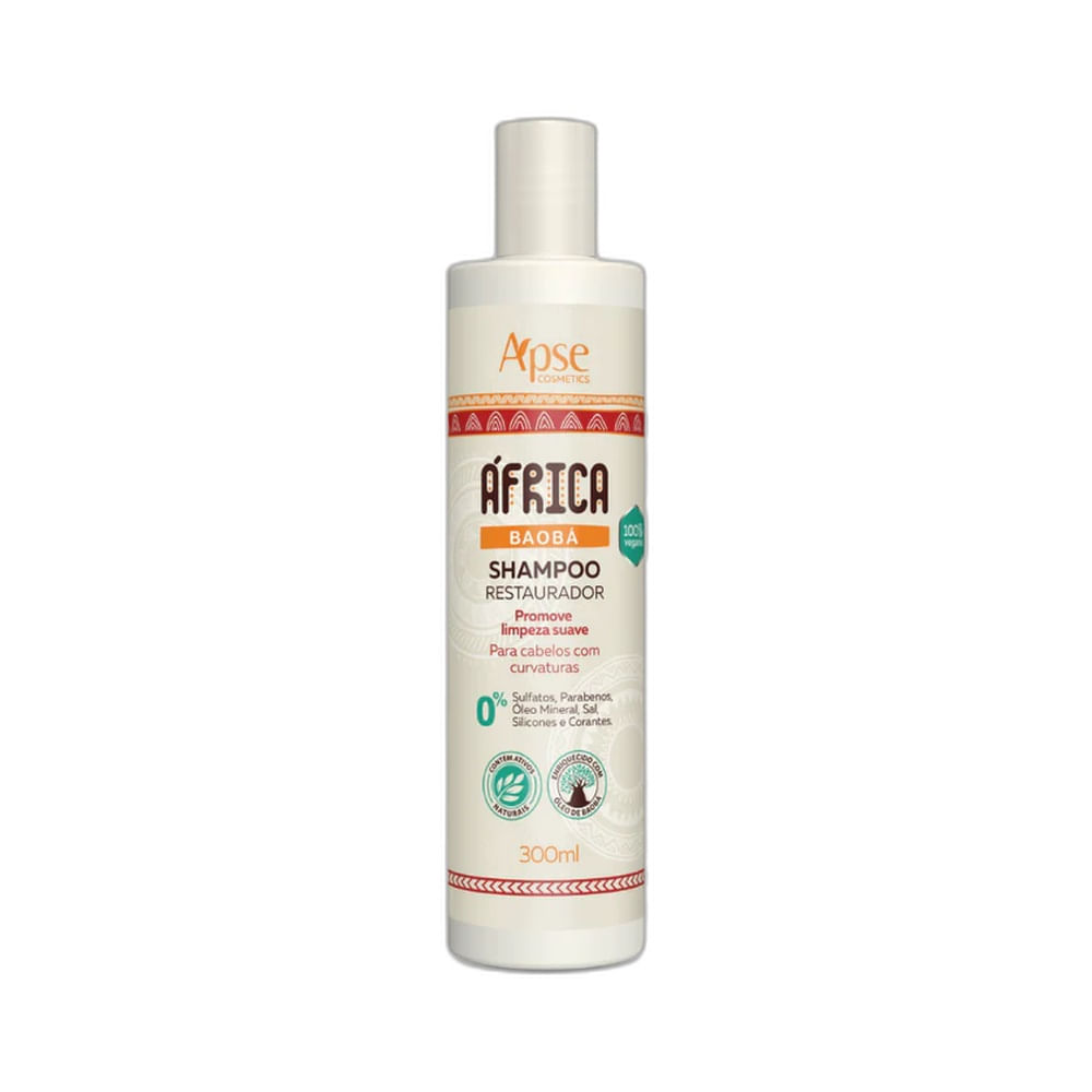 Frasco branco do Shampoo Apice África Baobá Restaurador 300ml com detalhes em laranja e verde