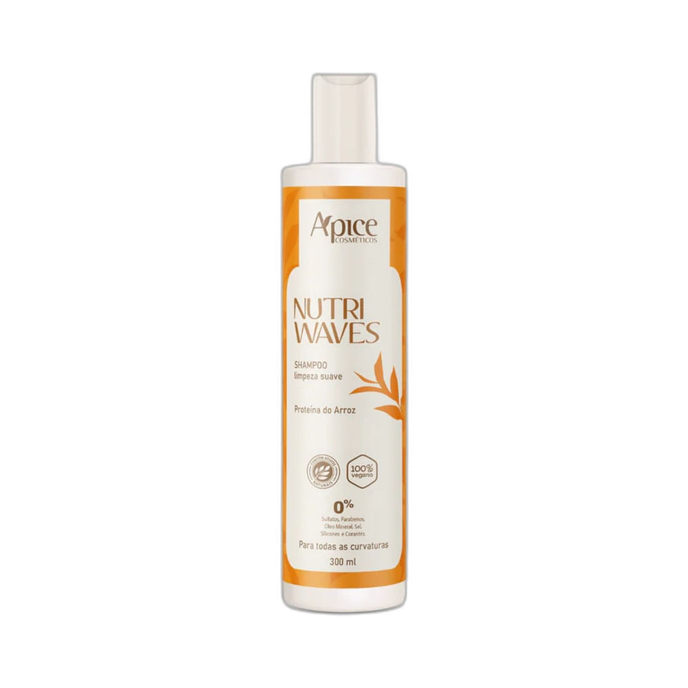 Frontal do frasco de shampoo Apice Nutri Waves 300ml, embalagem branca com detalhes em laranja
