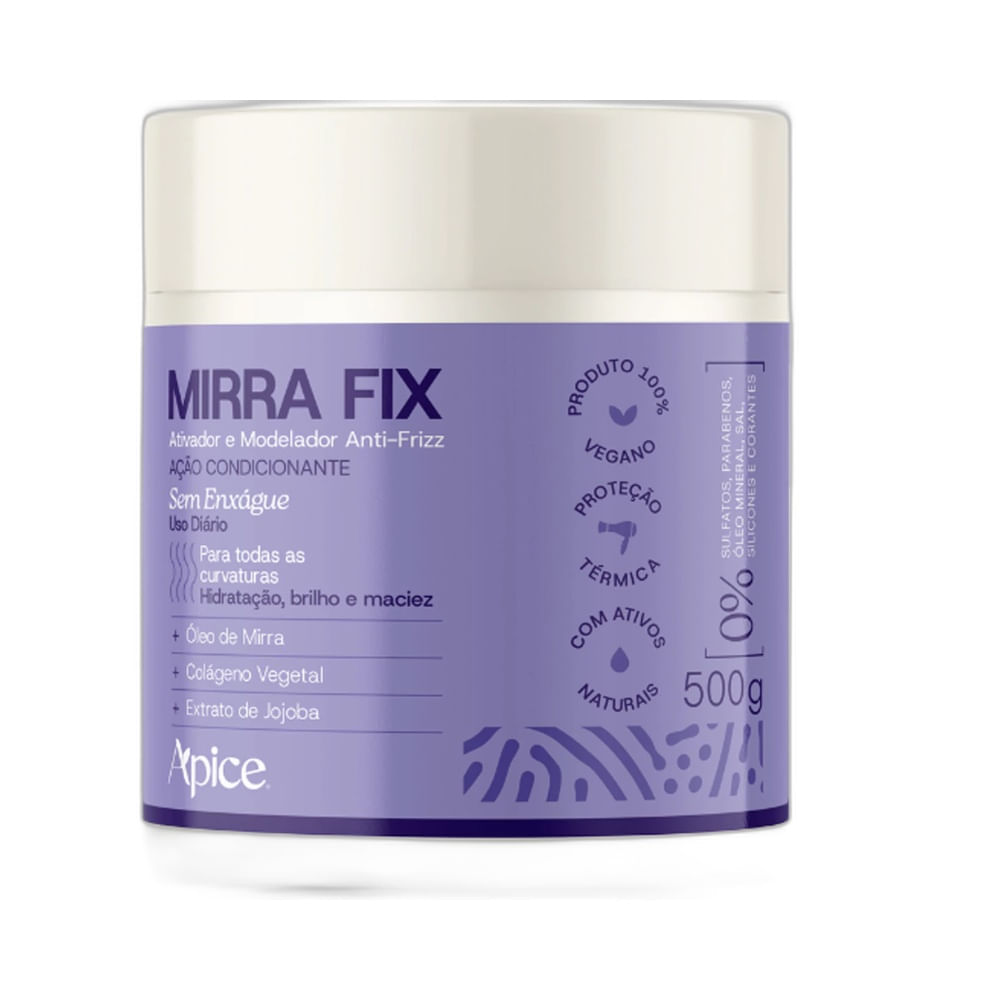 Pote do Ativador e Modelador Apice Mirra Fix Anti-Frizz 500g com rótulo roxo e tampa branca