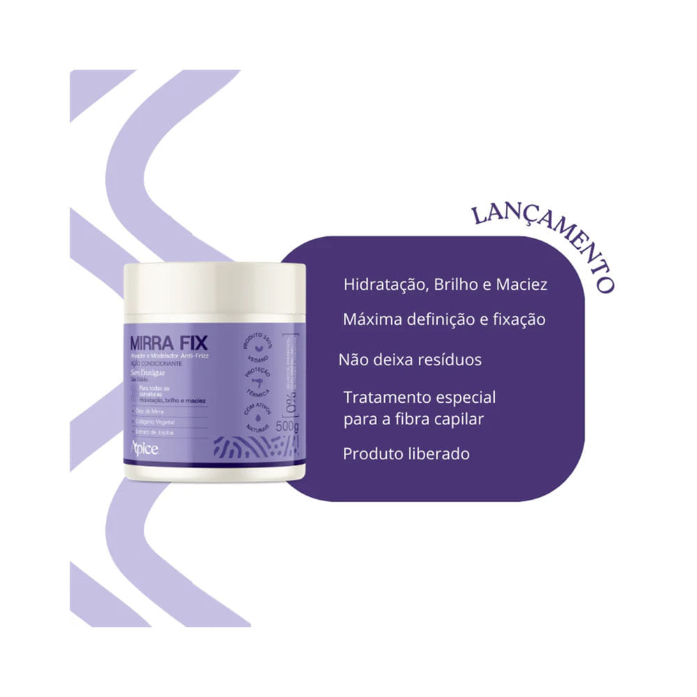 Imagem promocional do Ativador e Modelador Apice Mirra Fix Anti-Frizz 500g com destaque para benefícios