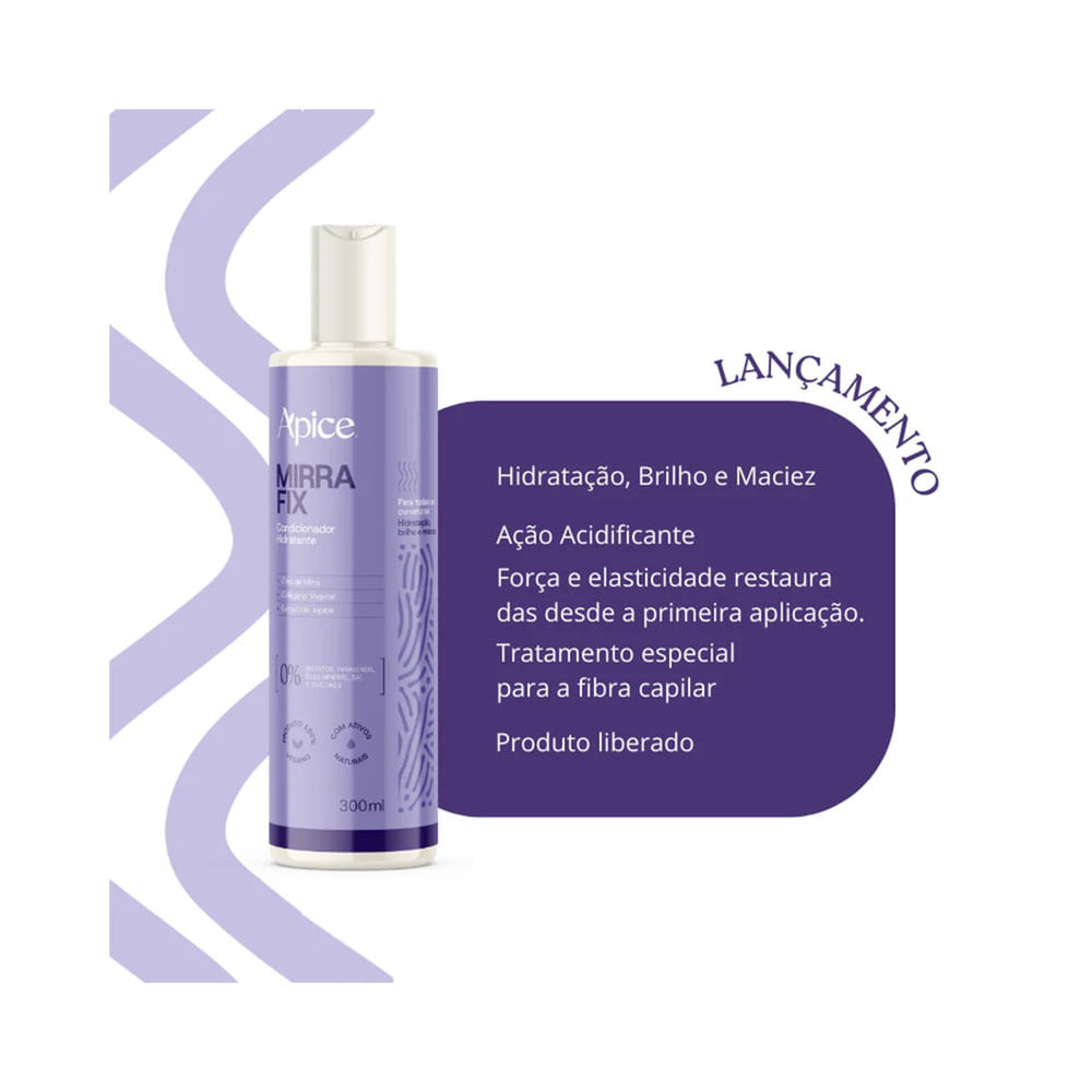 Condicionador Apice Mirra Fix 300ml com elementos gráficos lilás destacando hidratação e brilho