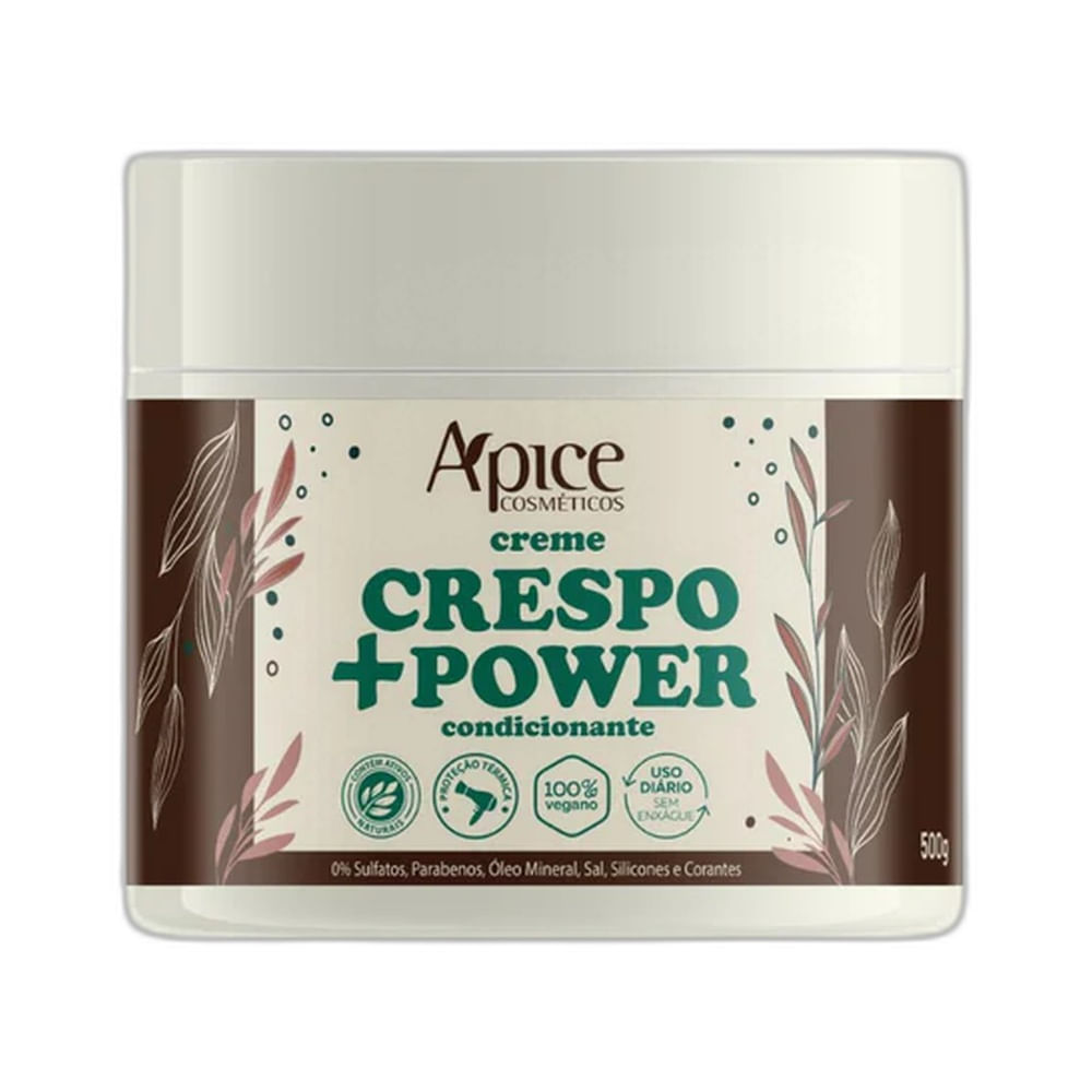 Pote branco do Creme de Pentear Apice Crespo +Power 500g com rótulo bege e detalhes em marrom e verde