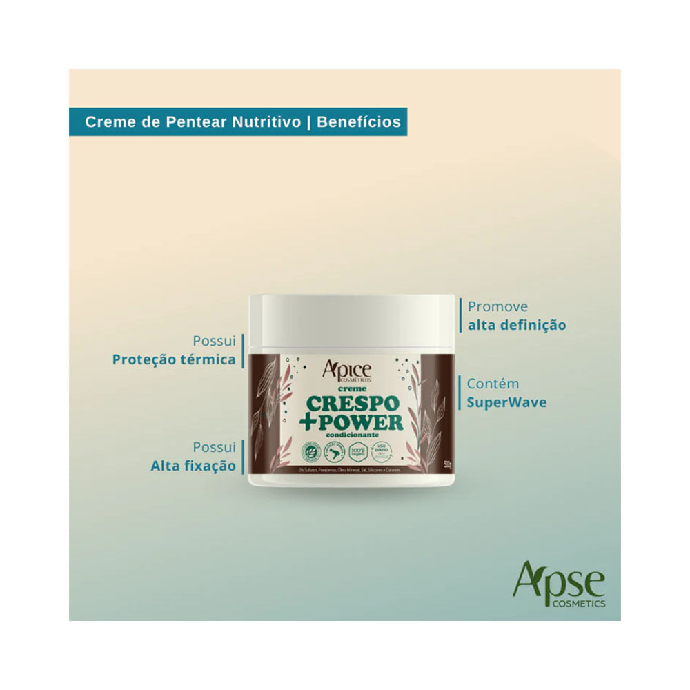 Imagem promocional do Creme de Pentear Apice Crespo +Power 500g destacando benefícios como proteção térmica e alta fixação