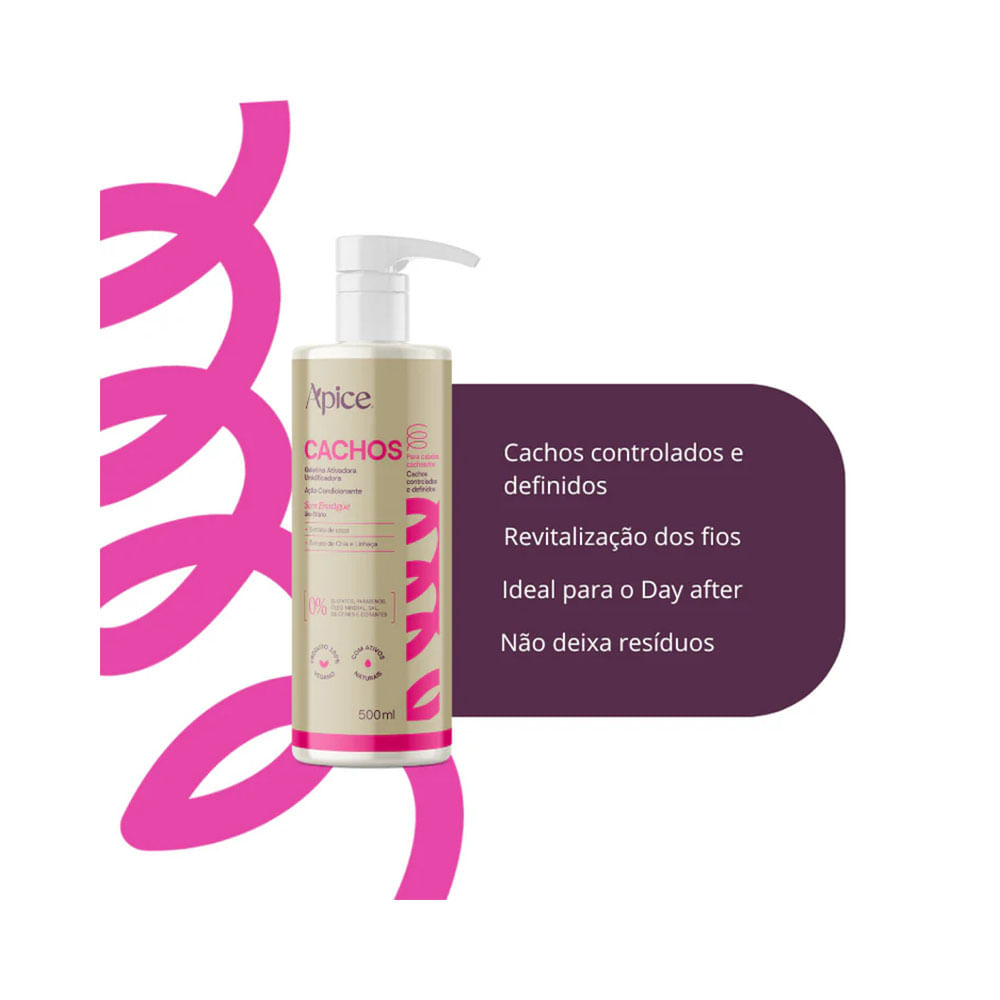 Frasco de gelatina ativadora para cachos Apice 500ml com válvula pump branca e detalhes em rosa e bege