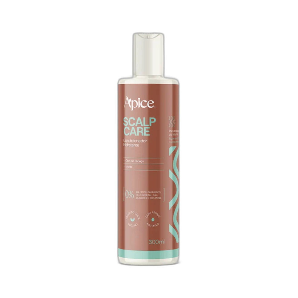 Condicionador Apice Scalp Care 300ml em embalagem marrom com detalhes verde água e branco