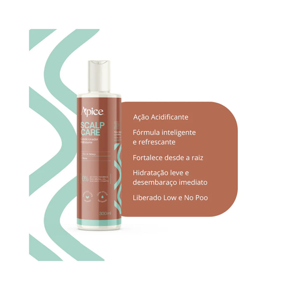 Detalhes do Condicionador Apice Scalp Care 300ml com destaque para atributos do produto