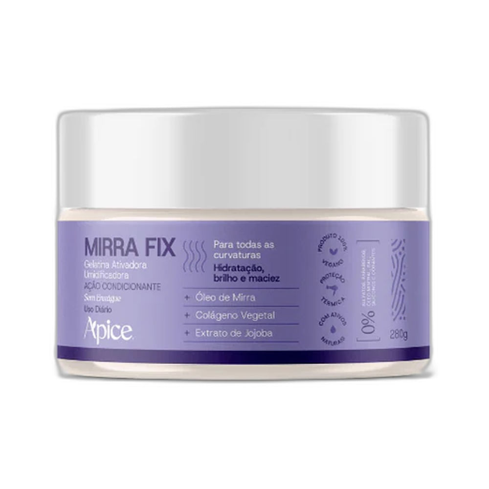 Pote da Gelatina Capilar Apice Mirra Fix 280g com rótulo roxo e tampa branca
