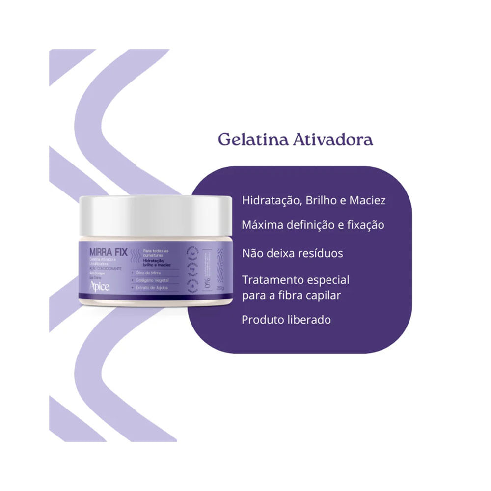 Imagem promocional da Gelatina Capilar Apice Mirra Fix 280g com fundo branco e detalhes roxos