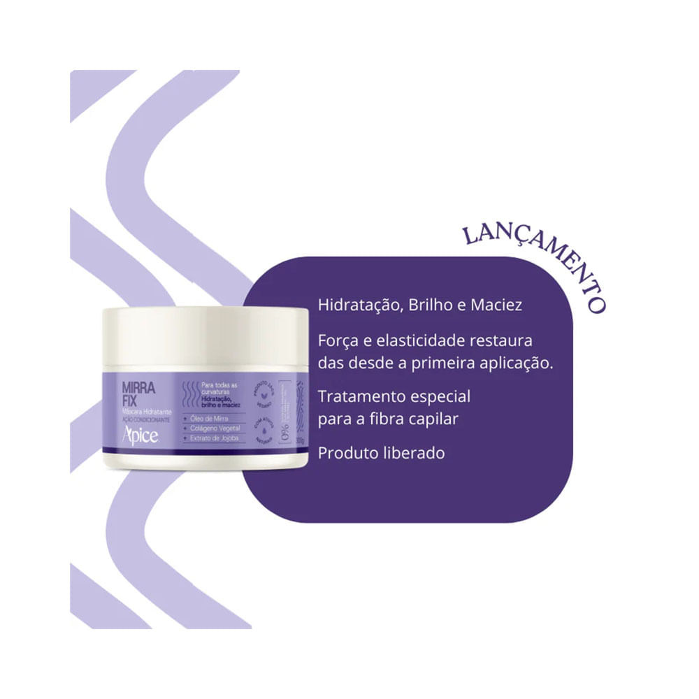 Pote da Máscara Capilar Apice Mirra Fix 300g com fundo branco e detalhes lilás