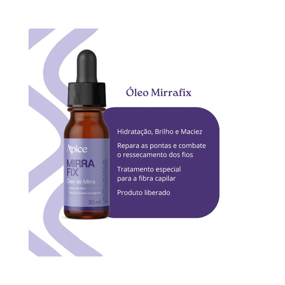 Frasco âmbar de 30ml do Óleo Capilar Apice Mirra Fix ao lado de texto em fundo roxo destacando benefícios do produto.