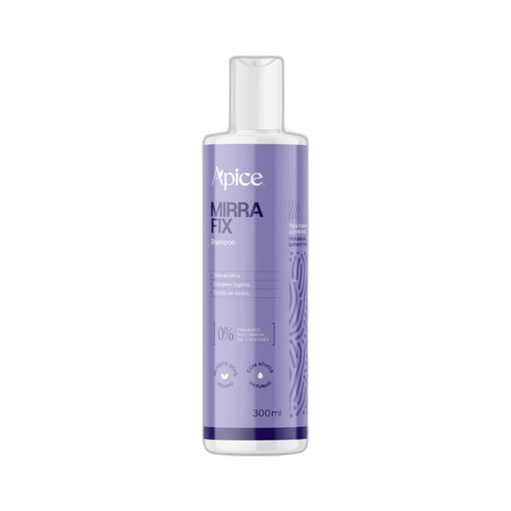 Frontal do frasco do Shampoo Apice Mirra Fix 300ml com embalagem lilás e detalhes em branco