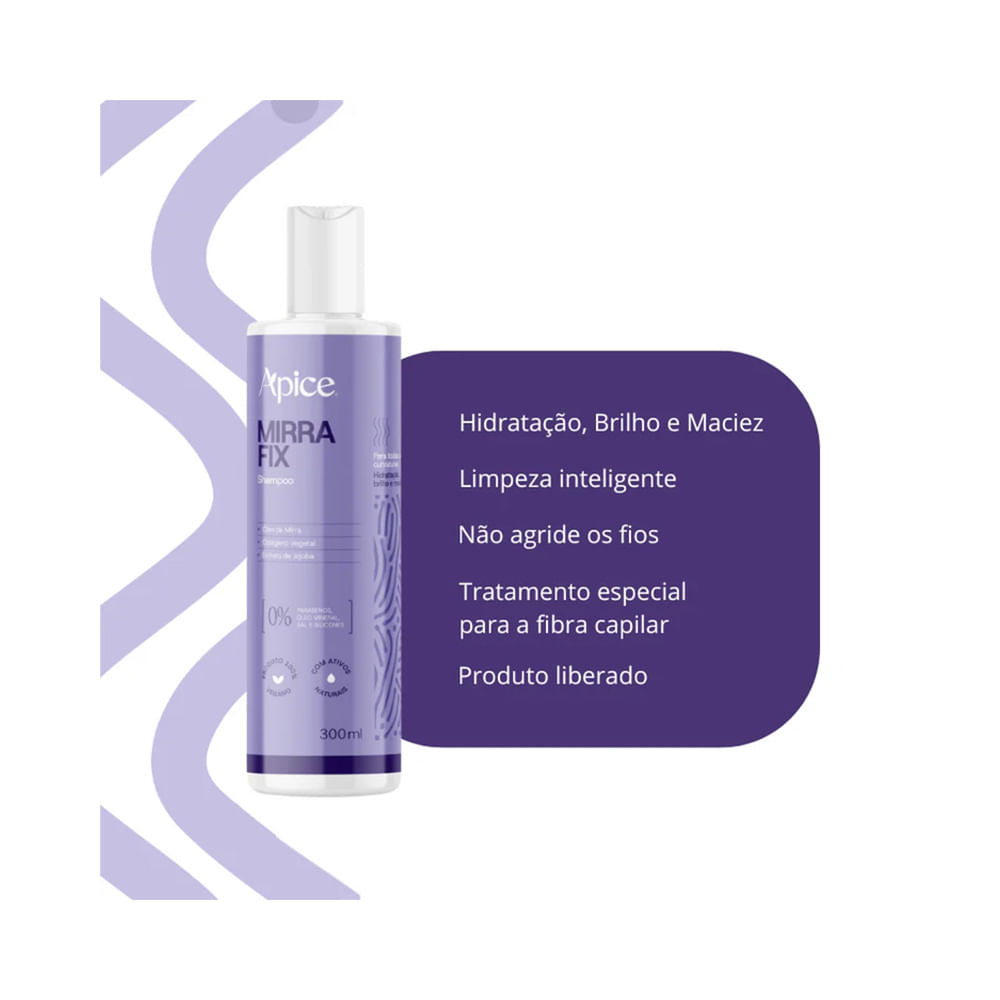 Shampoo Apice Mirra Fix 300ml ao lado de quadro com benefícios: hidratação, brilho e limpeza inteligente