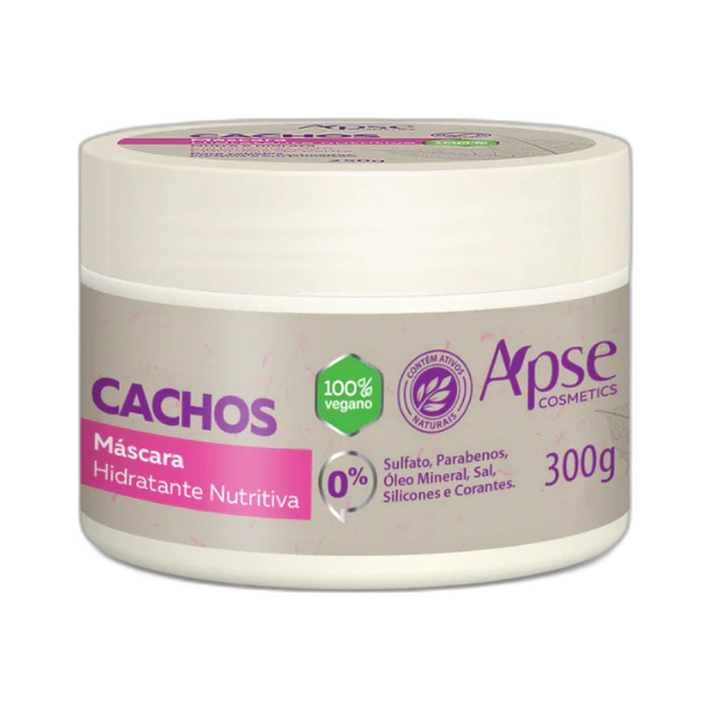 Máscara Capilar Apice Cachos Hidratante e Nutritiva 300g em embalagem bege com detalhes rosa e roxo