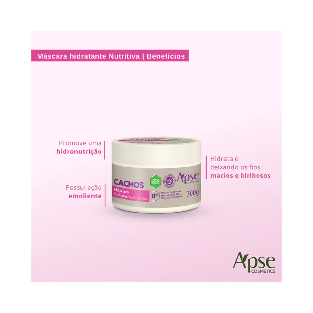 Imagem promocional da Máscara Capilar Apice Cachos com fundo rosa claro e texto destacando benefícios