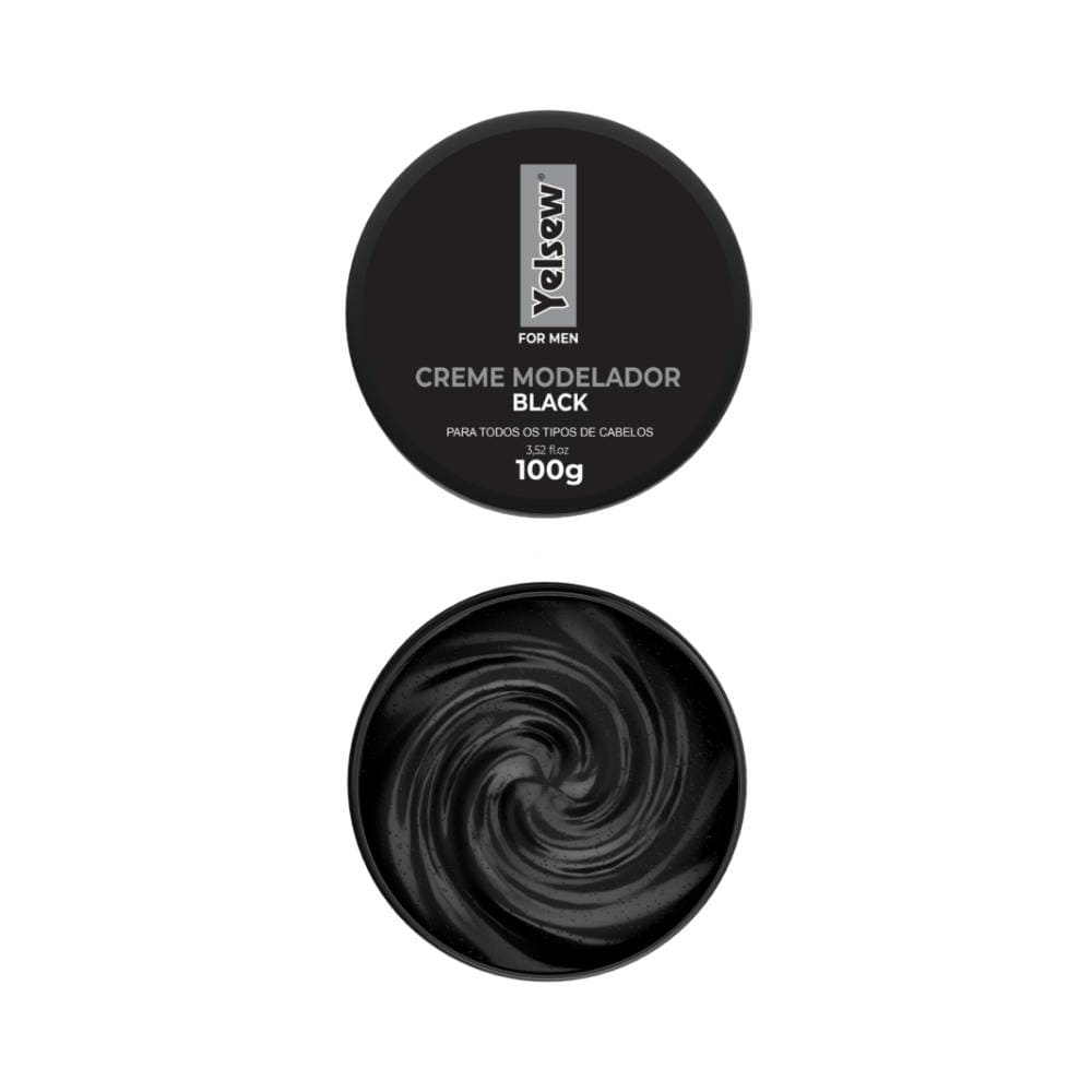 Tampa aberta do Creme Modelador Capilar Yelsew Black mostrando textura cremosa preta