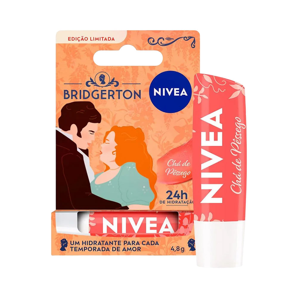 Hidratante Labial Nivea Bridgerton Chá de Pêssego em embalagem limitada com detalhes florais e ilustração clássica