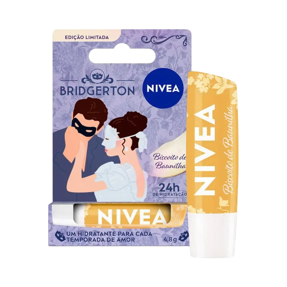 Hidratante labial Nivea Bridgerton sabor Biscoito de Baunilha em embalagem limitada com design floral e delicado.