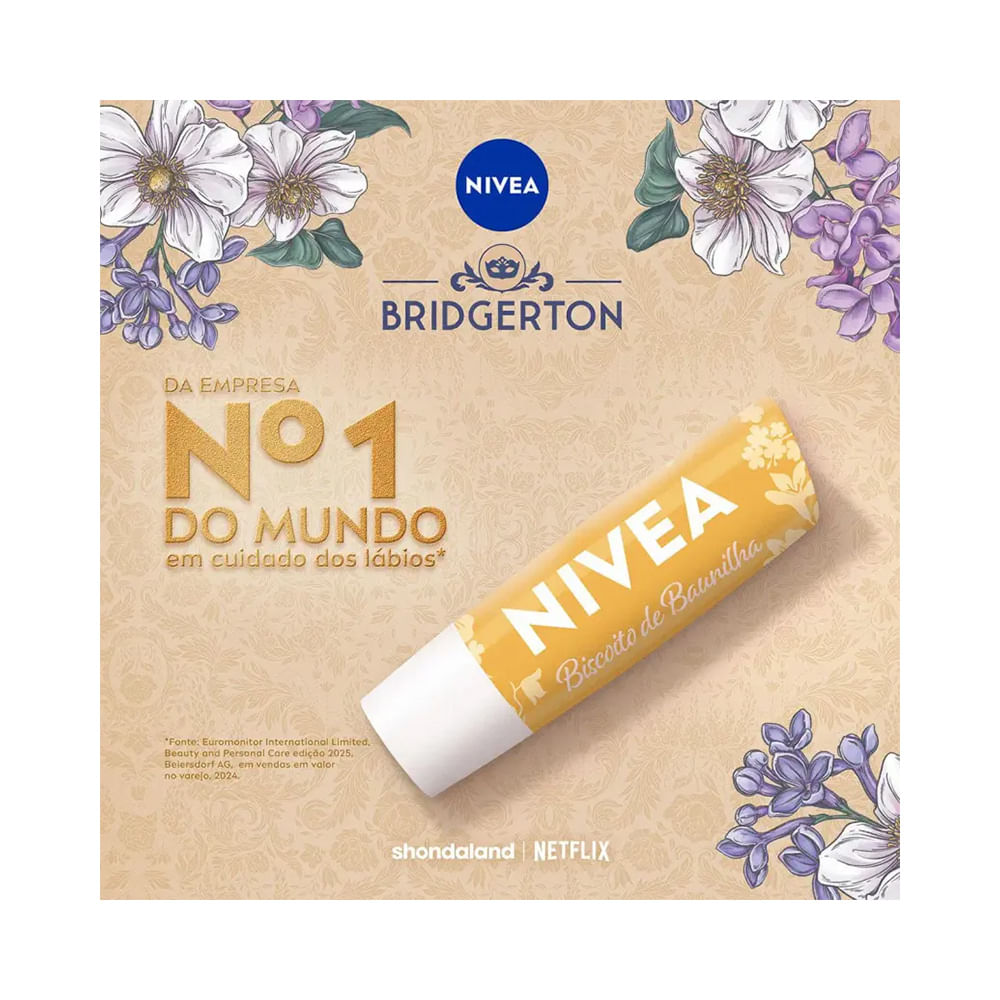 Imagem promocional do hidratante labial Nivea Bridgerton com design floral e informações da marca.