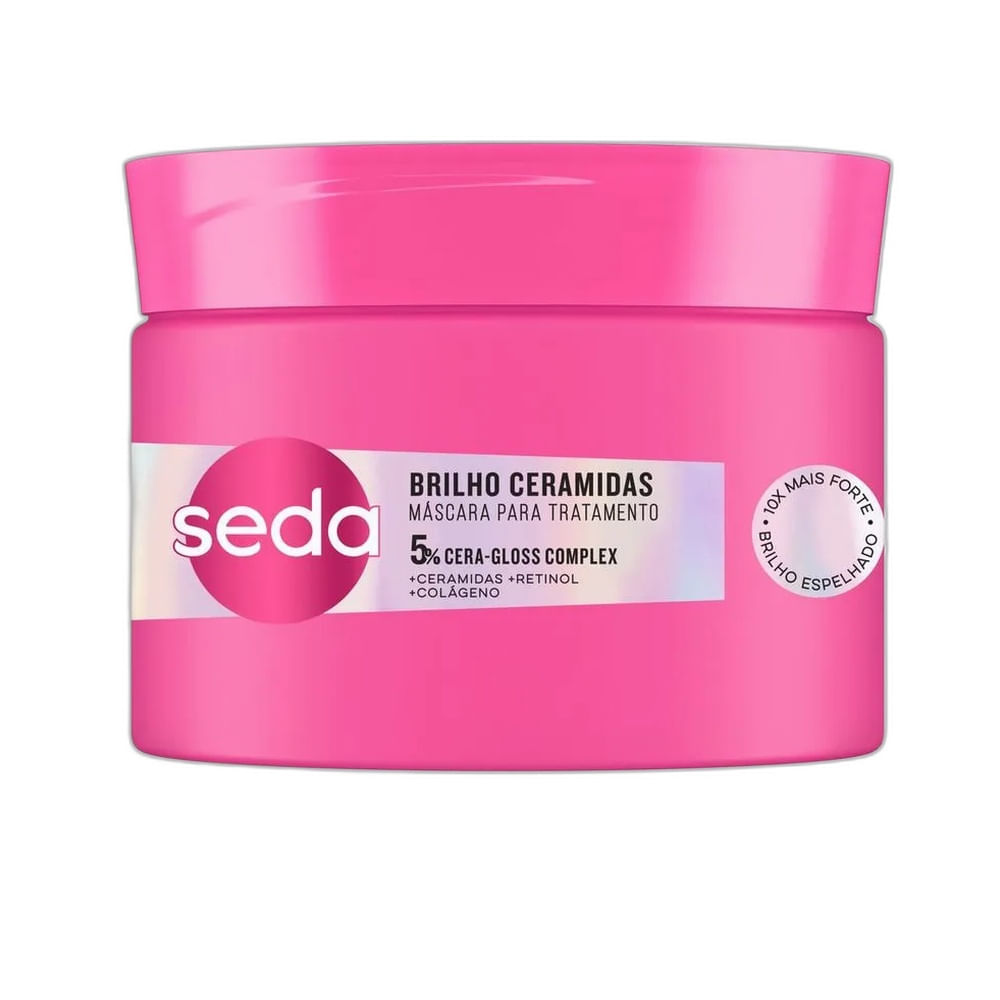 Pote rosa da Máscara de Tratamento Seda Brilho Ceramidas 300g com destaque para ceramidas e brilho intenso