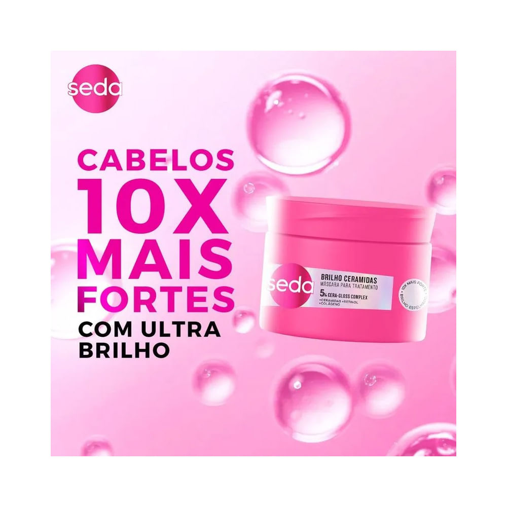 Pote rosa da Máscara de Tratamento Seda Brilho Ceramidas com fundo rosa claro e destaque para força e brilho