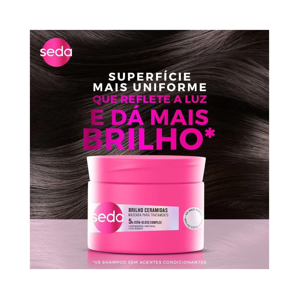 Pote rosa da Máscara de Tratamento Seda Brilho Ceramidas com cabelo brilhante ao fundo
