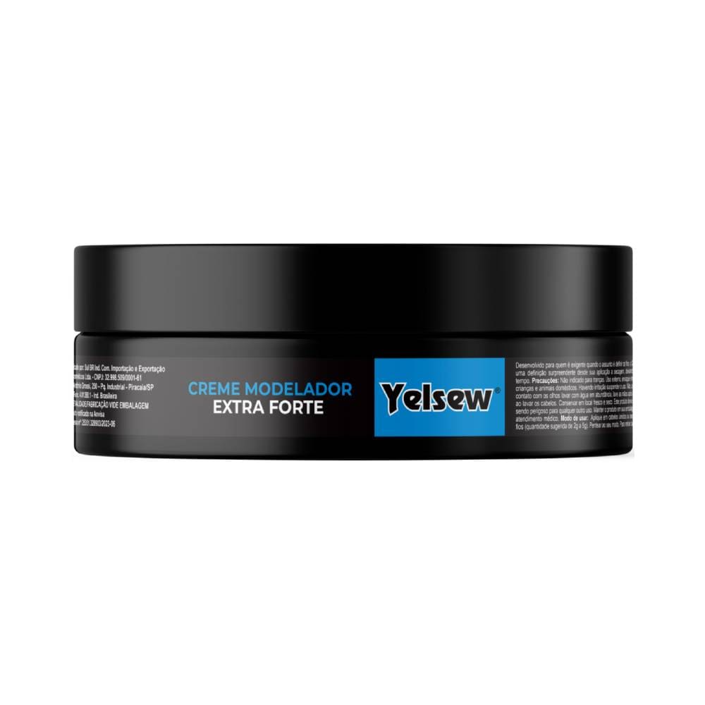 Lateral da embalagem preta do Creme Modelador Yelsew Extra Forte 100g com logo azul